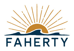 Faherty logo with a sun behind a wave
