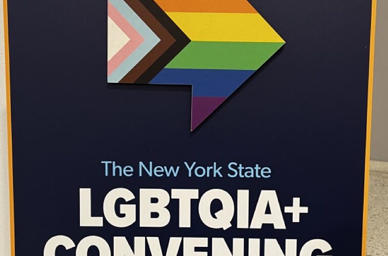 a sign with an arrow in the LGBTQ+ progress flag colors. The Sign says "The New York State LGBTQIA+ Convening"