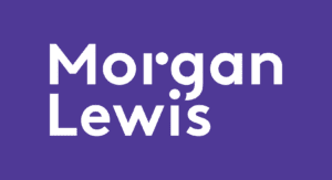 Morgan Lewis in white on a purple background